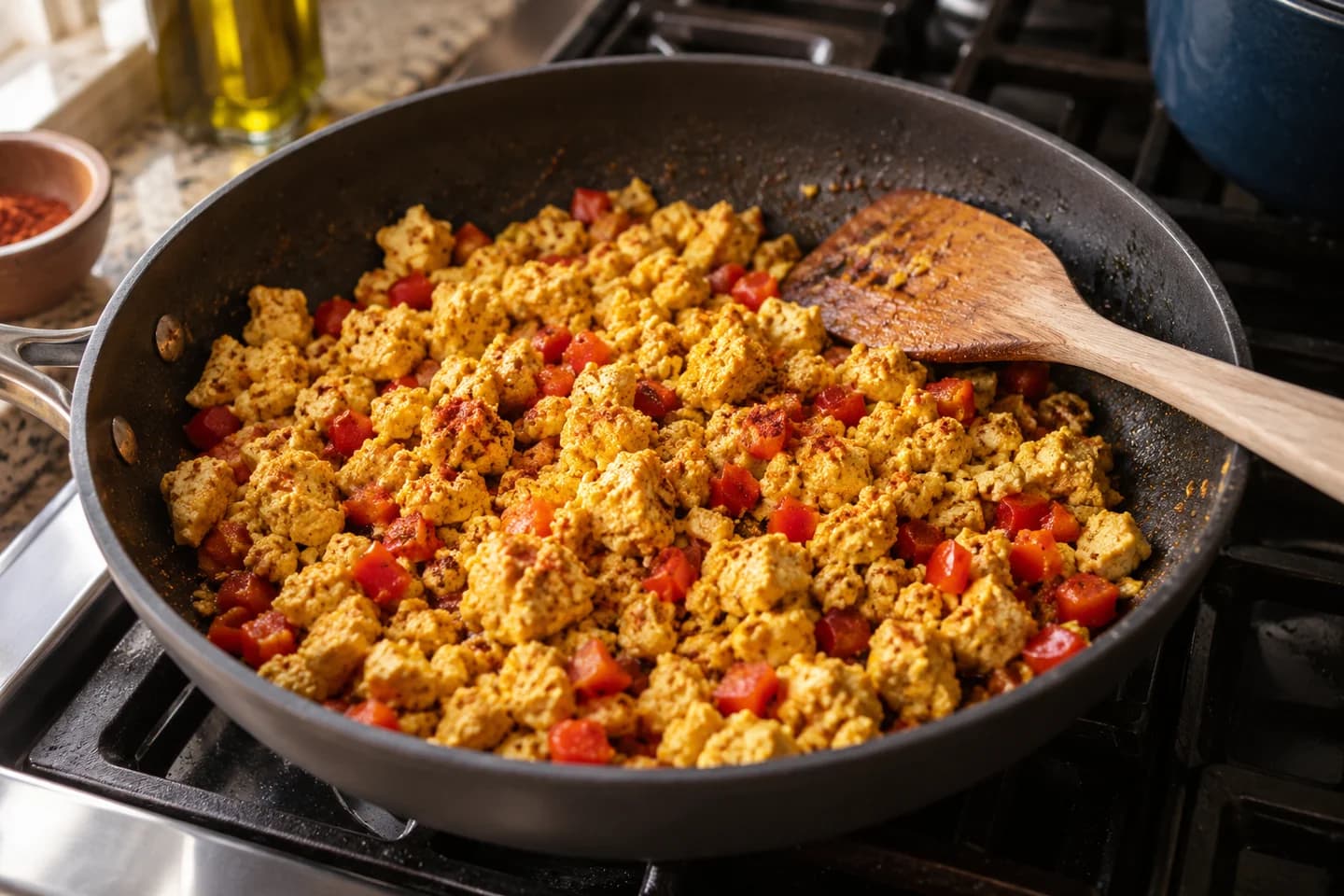 Tofu curds cooking with turmeric, paprika and diced red pepper