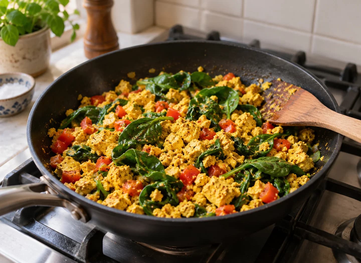 Fresh spinach wilting into the golden tofu and pepper scramble