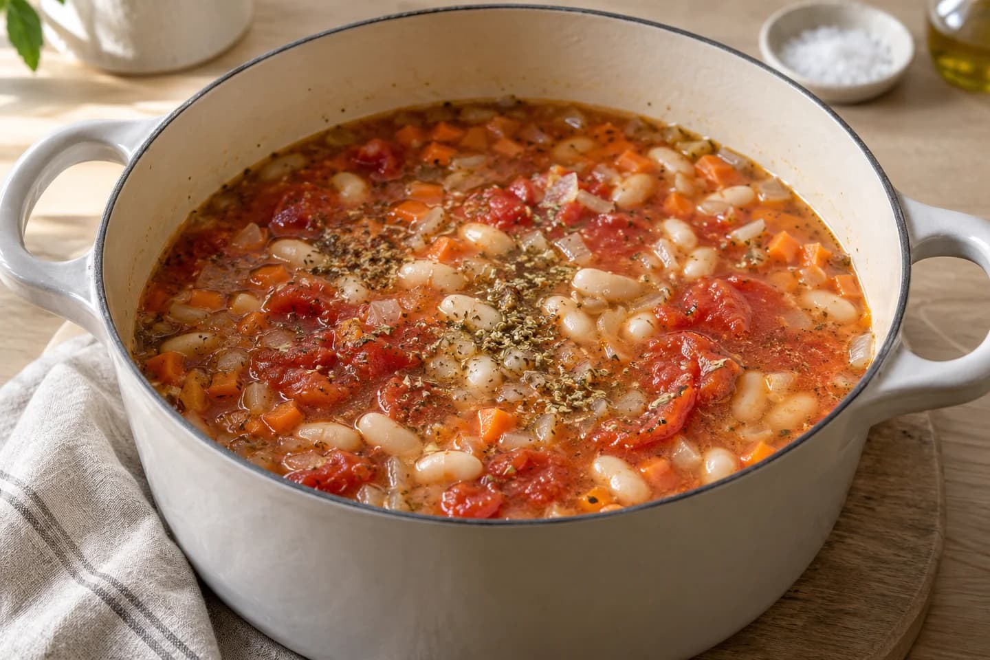 Tuscan Kale Cannellini Soup: Add garlic and oregano for 1 minute, then add tomatoes, beans, stock and salt