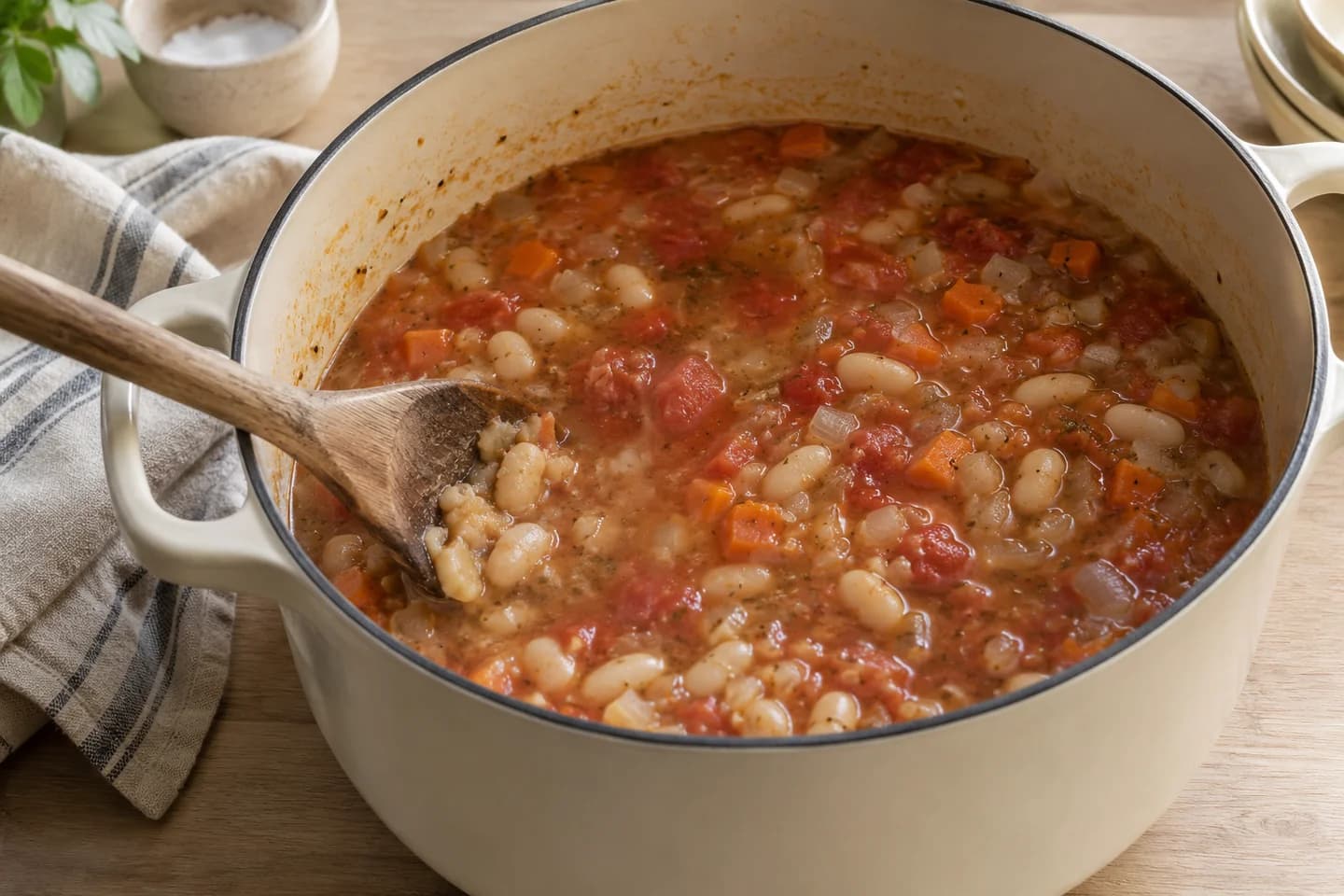 Tuscan Kale Cannellini Soup: Simmer for 15 minutes, then mash a few beans against the side of the pot to thicken the broth