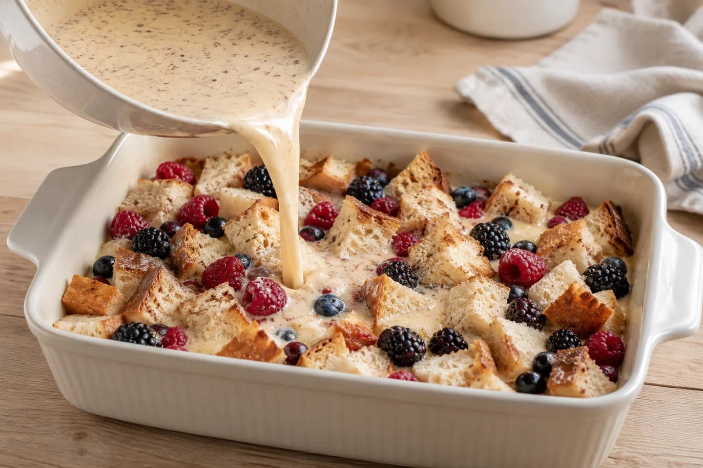 Vanilla Berry Bread Pudding: Whisk milk, eggs, sugar, vanilla, cinnamon and salt