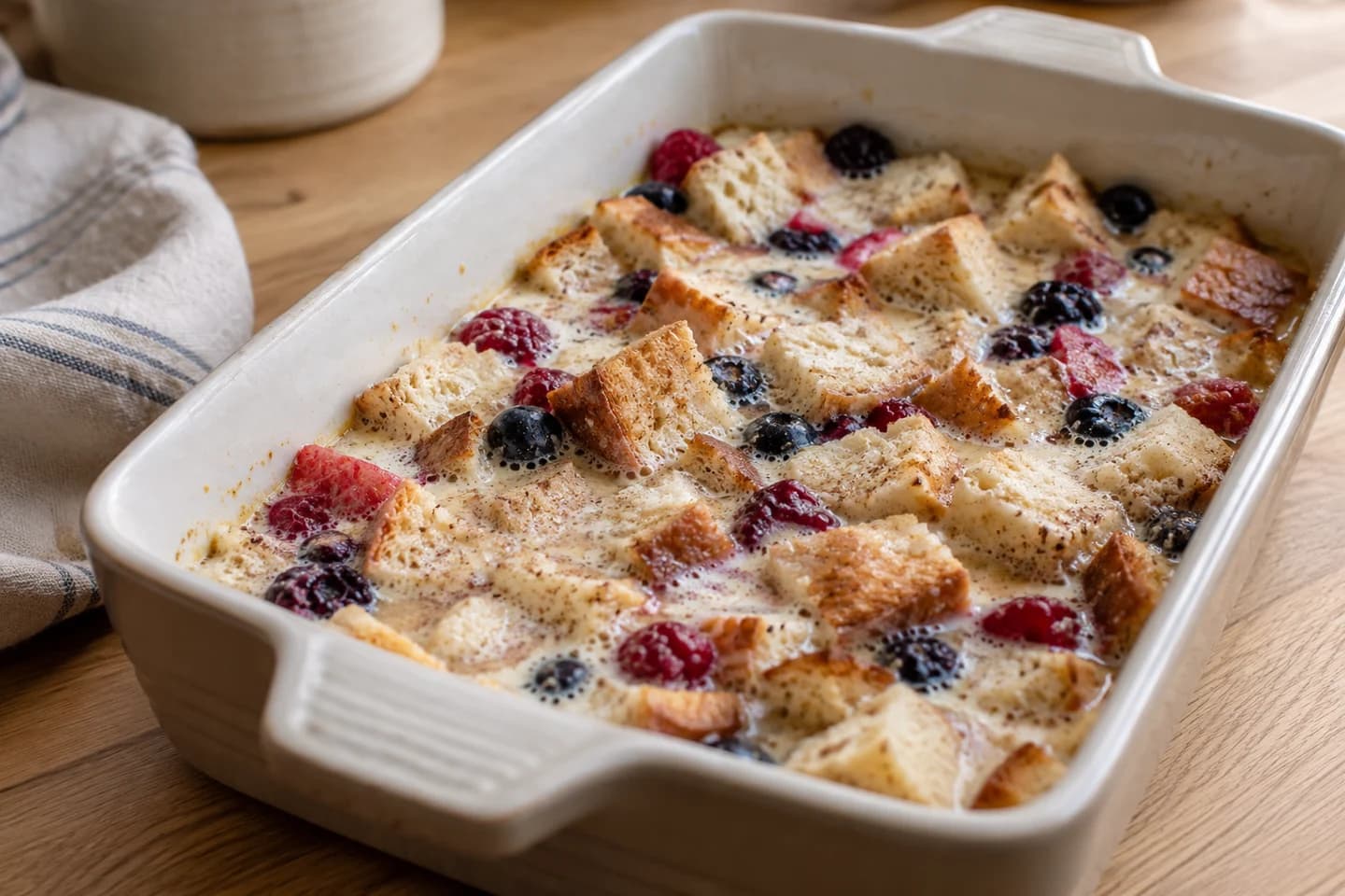 Vanilla Berry Bread Pudding: Press bread lightly into custard and let stand for 10 minutes