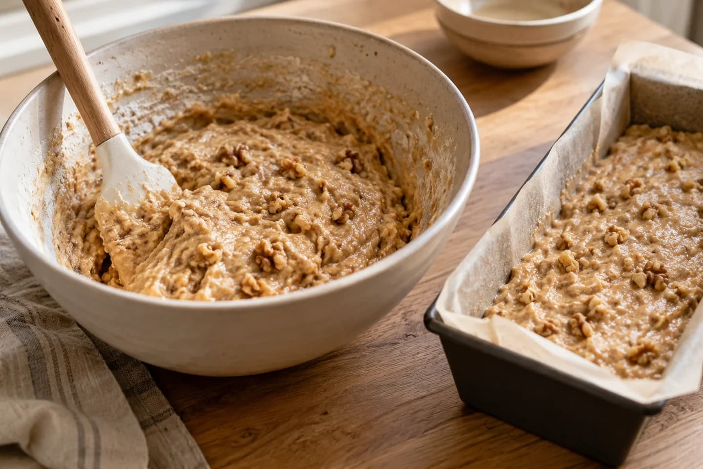 Vegan Banana Bread: Fold in flour, baking powder, cinnamon and salt, then walnuts
