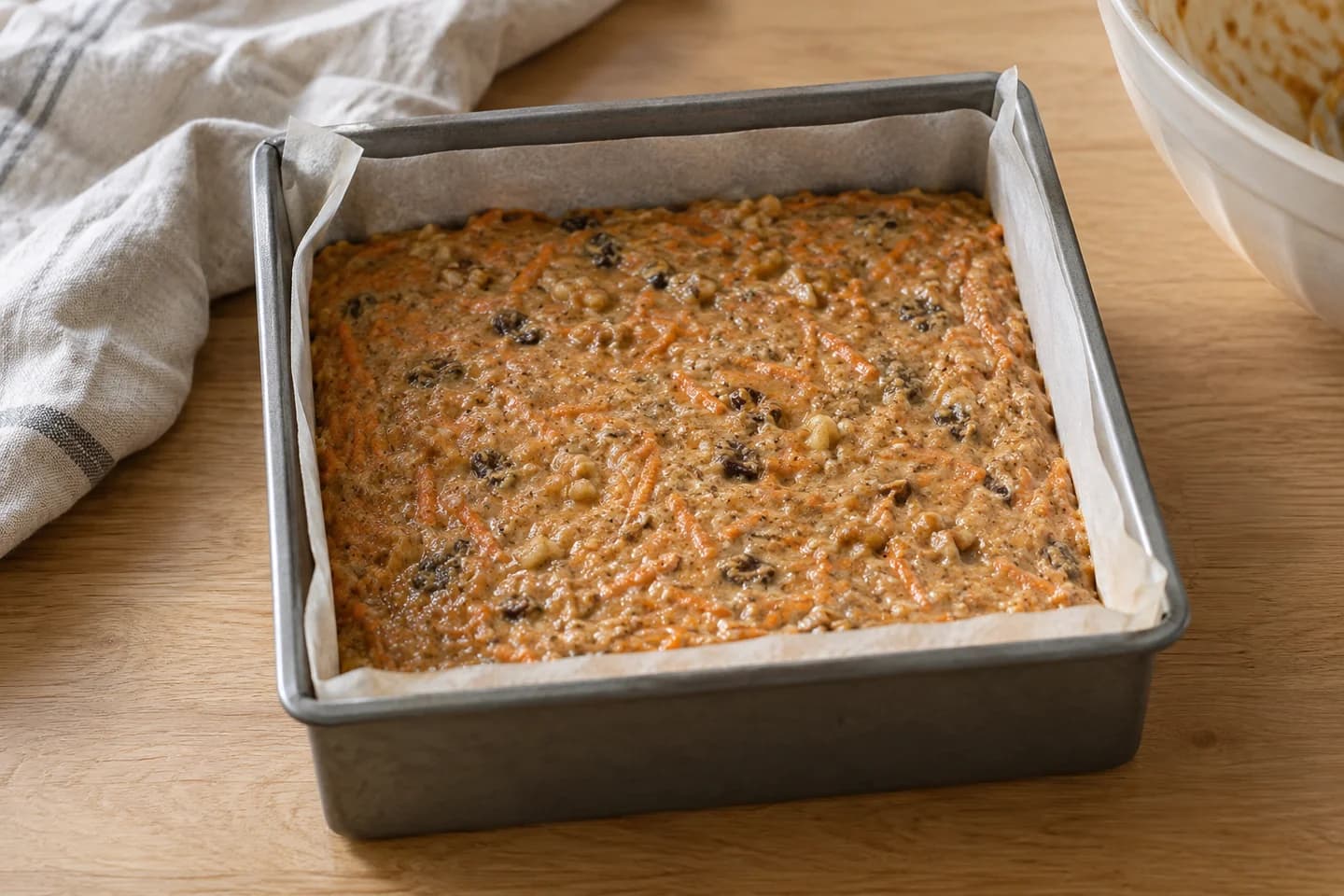 Vegan Carrot Walnut Cake: Spread in the tin and bake for 35–40 minutes until a skewer comes out clean