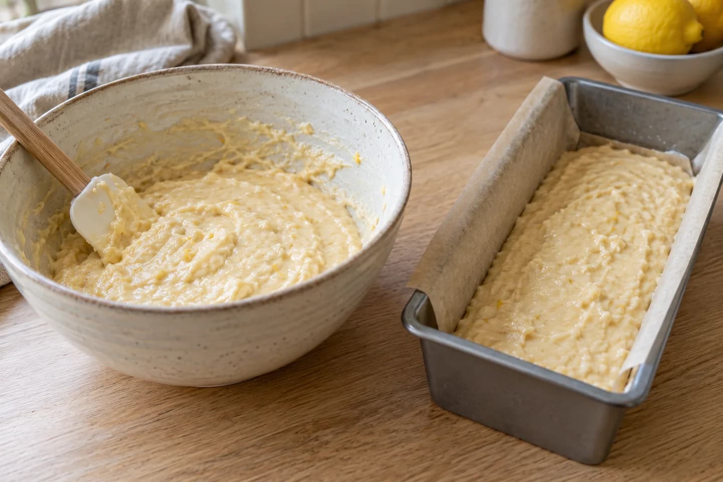 Vegan Lemon Loaf Cake: Fold wet ingredients into dry just until combined