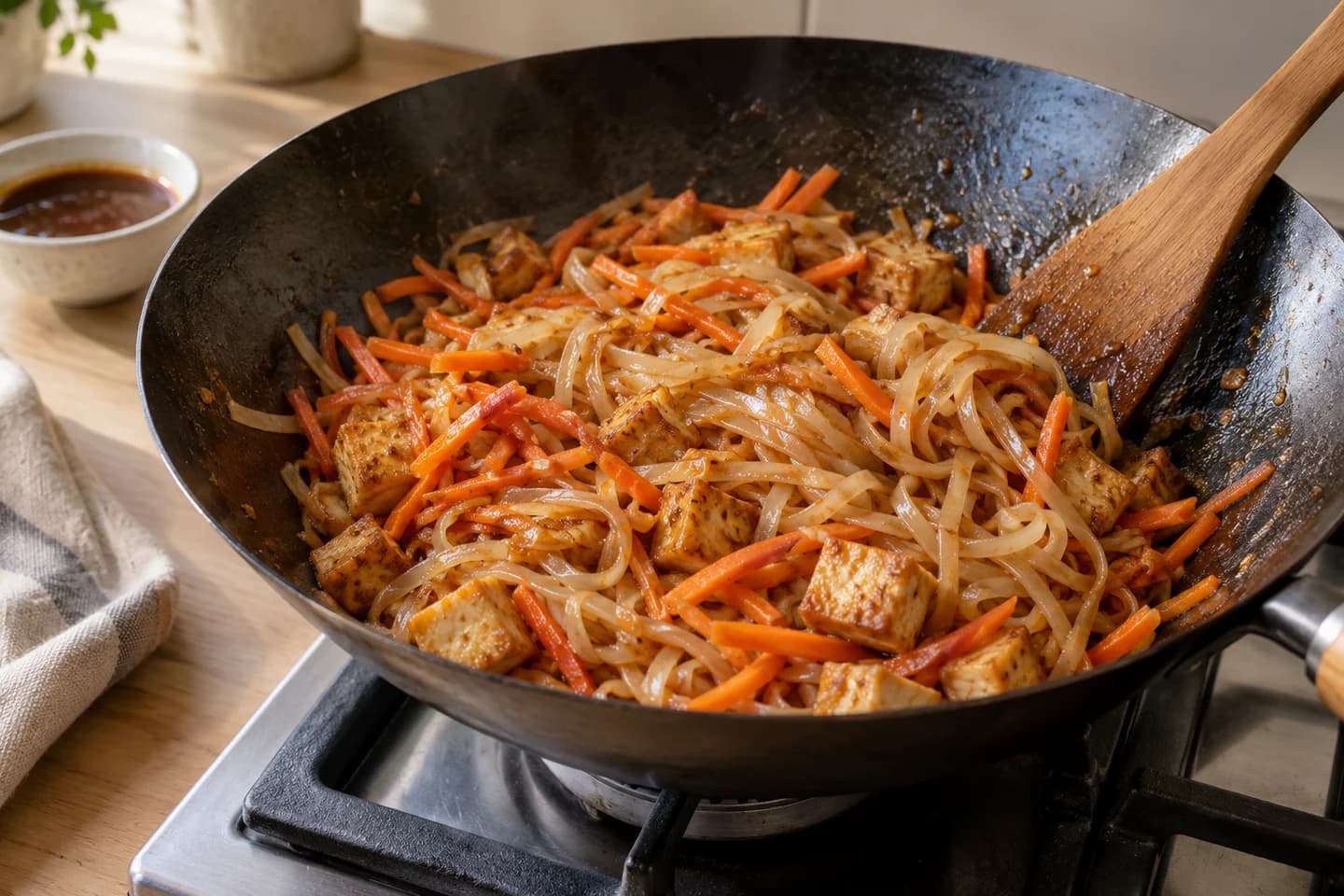 Vegetable Pad Thai: Add carrots for 2 minutes, followed by noodles and sauce