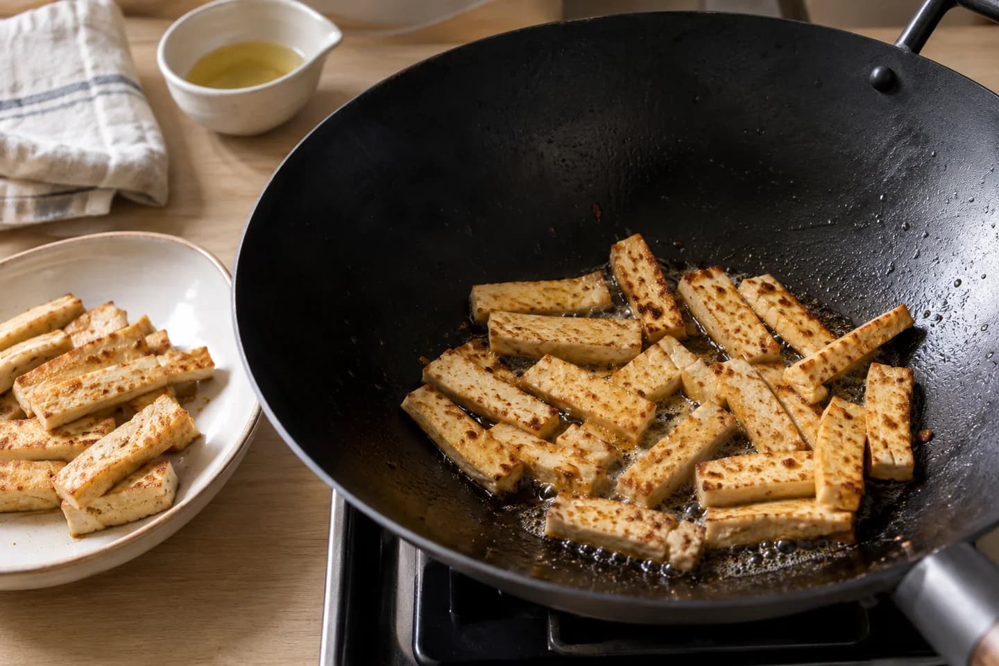 Vegetable Singapore Rice Noodles: Heat oil in a wok and brown tofu for 5 minutes