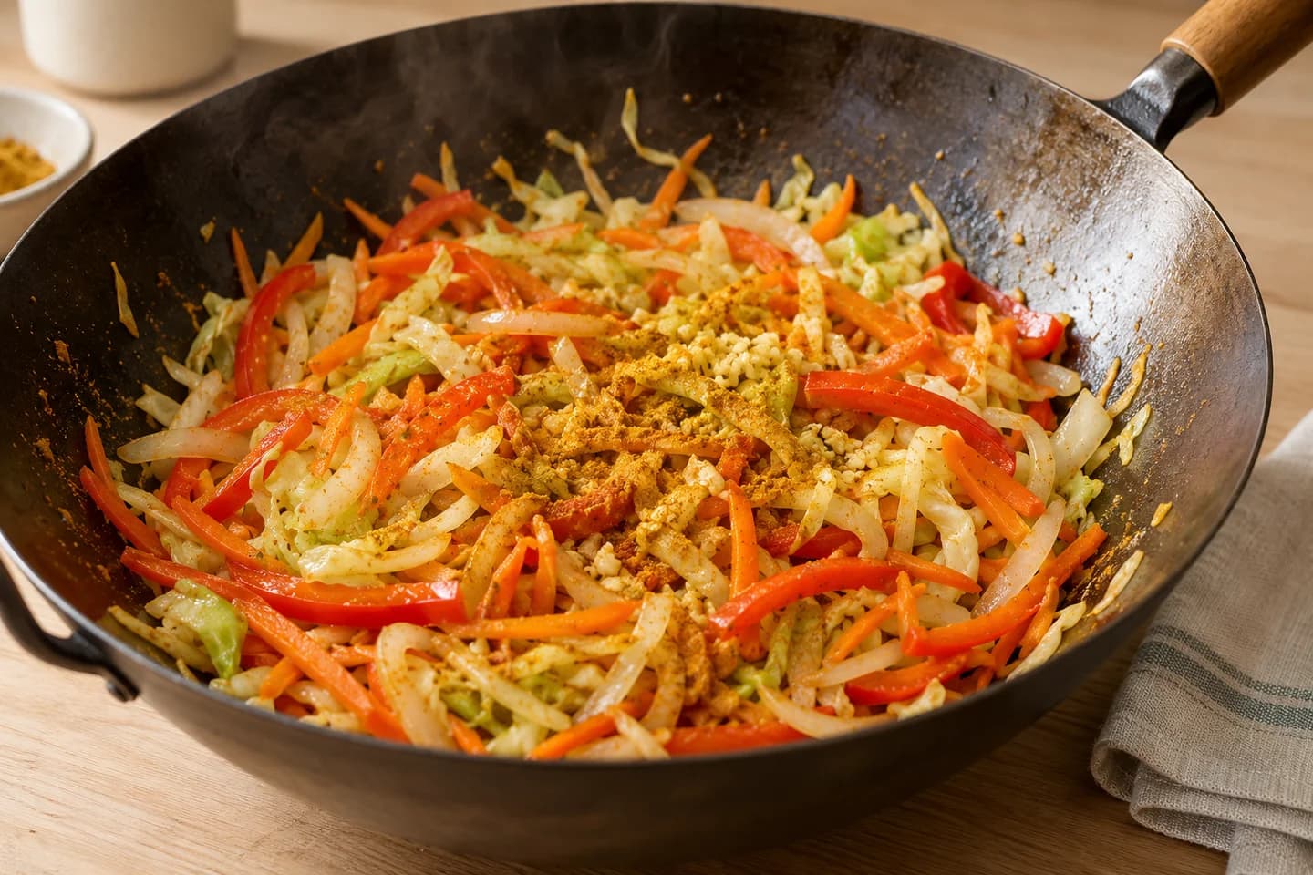 Vegetable Singapore Rice Noodles: Stir-fry onion, carrot, pepper and cabbage for 5 minutes