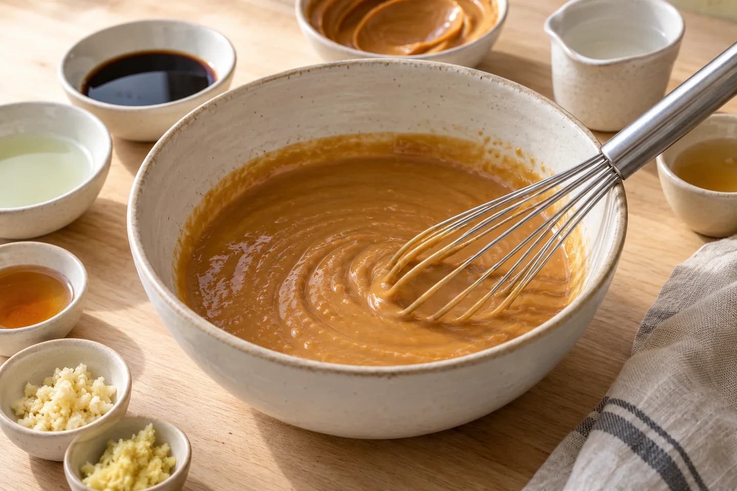 Fresh Vegetable Spring Rolls: Whisk peanut butter, soy sauce, lime juice, warm water, maple syrup, rice vinegar, ginger, and garlic into a smooth dipping sauce; set aside