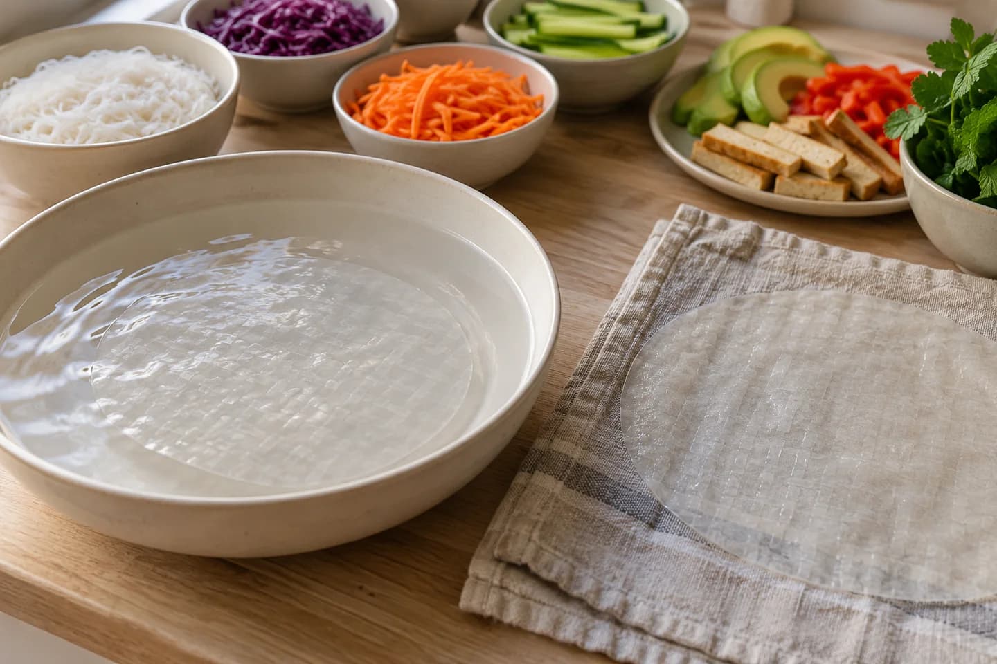 Fresh Vegetable Spring Rolls: Fill a large shallow dish with warm water