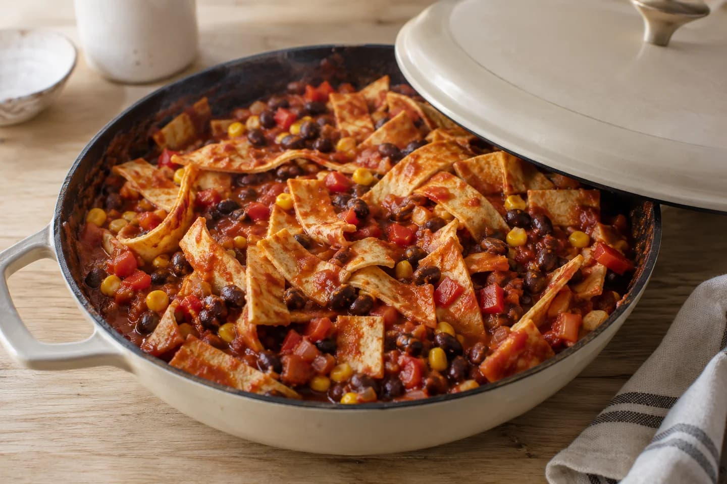 Vegetarian Enchilada Skillet: Fold in tortilla strips and cover for 3 minutes until softened