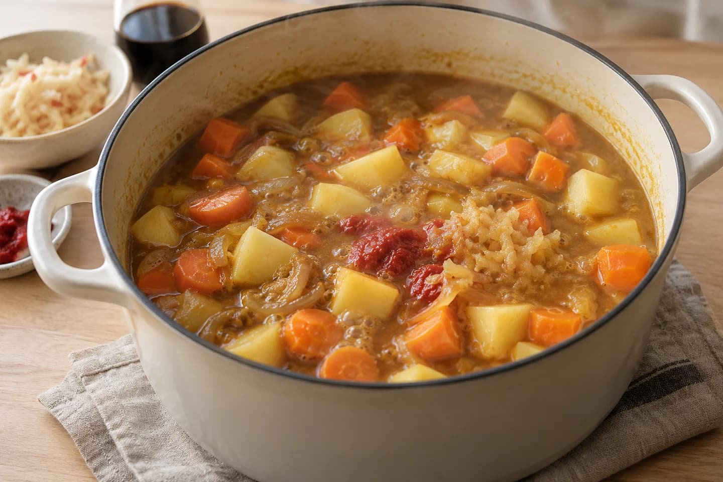 Vegetarian Japanese Curry: Add potatoes, carrots, apple, tomato paste and soy sauce