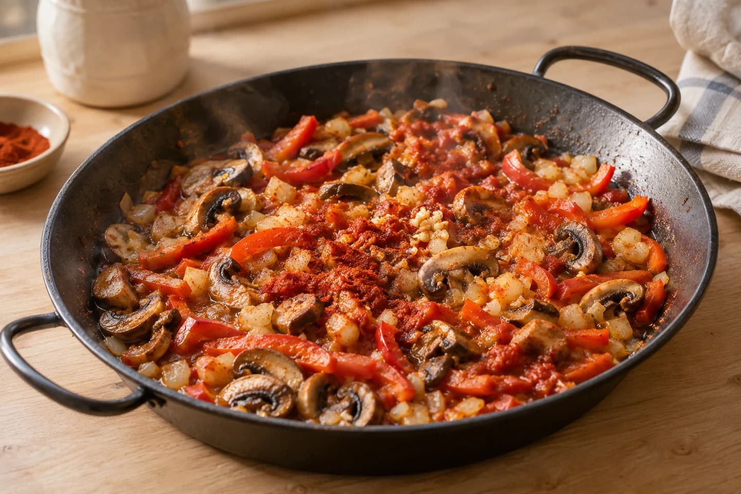 Vegetarian Mushroom Paella: Add onion and pepper for 6 minutes, then garlic, paprika and tomato for 3 minutes