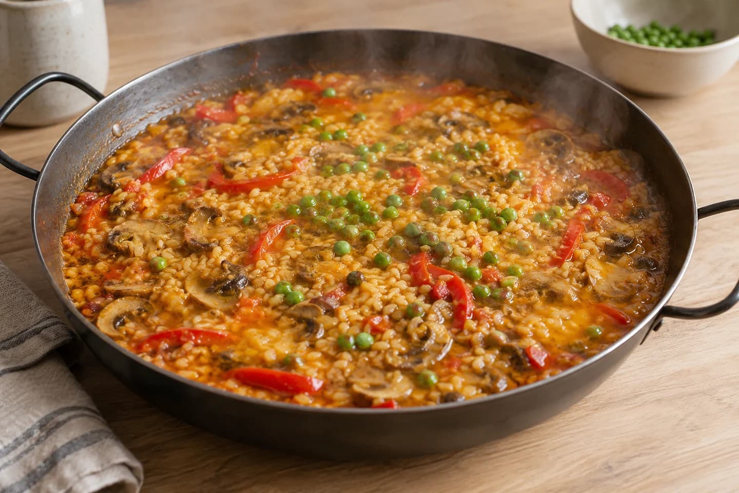 Vegetarian Mushroom Paella: Stir in rice, salt, saffron stock and remaining stock
