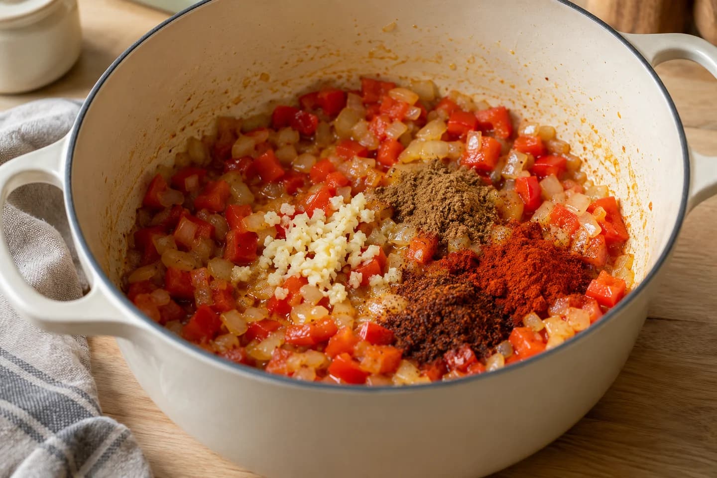 Vegetarian Three Bean Chili: Add garlic, cumin, paprika and chili powder and cook for 1 minute