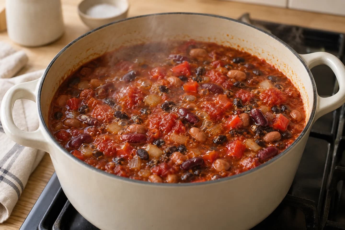 Vegetarian Three Bean Chili: Stir in tomatoes, beans, salt and water