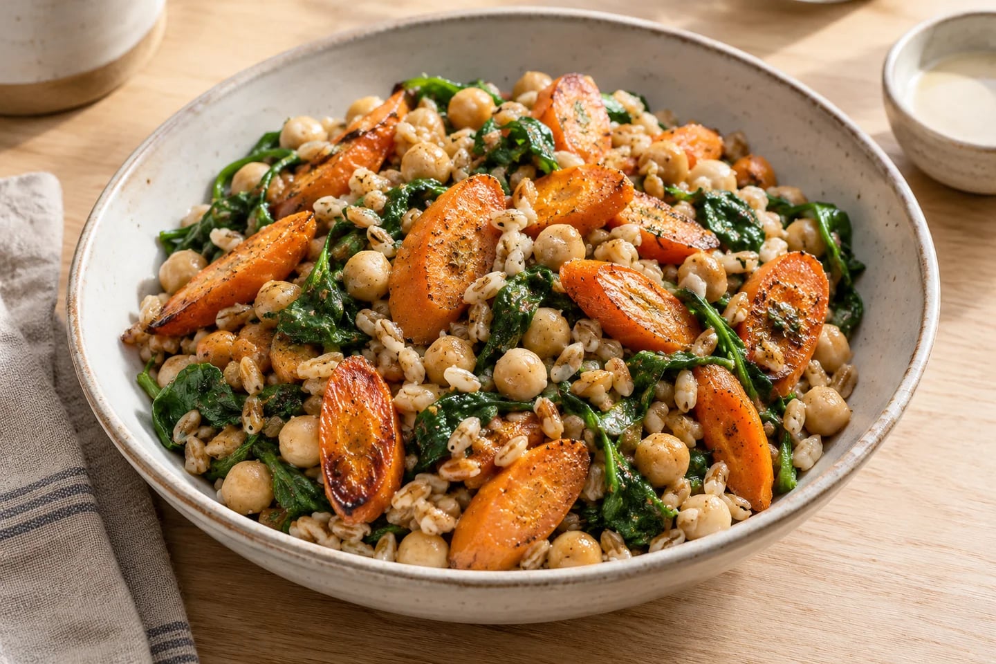 Warm Farro Roasted Carrot Salad, ready to serve