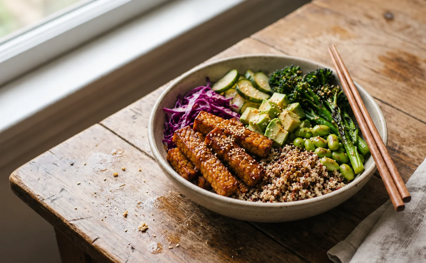 Bowls of glazed tempeh with quinoa, broccolini, and avocado