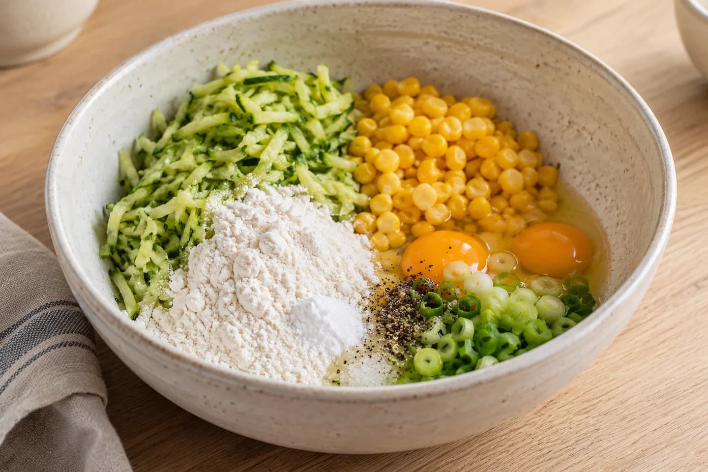 Zucchini Corn Fritters: Mix zucchini, corn, flour, eggs, scallions, baking powder, remaining salt and pepper