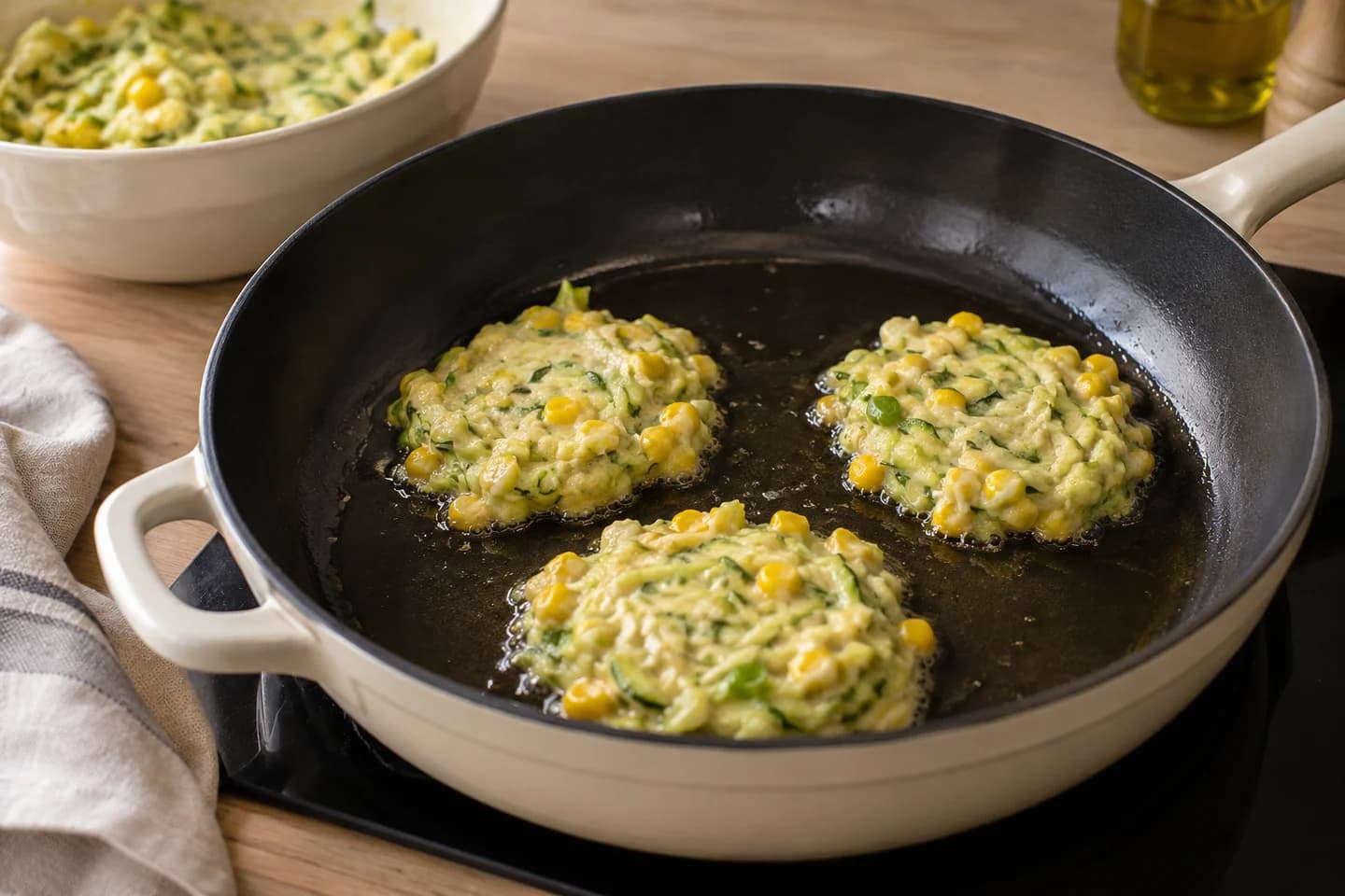 Zucchini Corn Fritters: Heat some oil in a skillet over medium heat