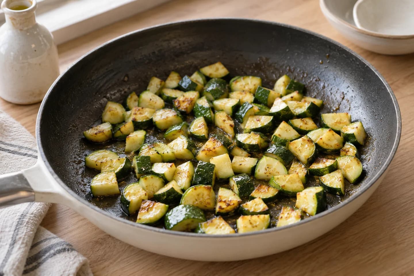 Zucchini Pea Pesto Pasta: Sauté zucchini in 10 ml oil in a skillet for 6–7 minutes until lightly browned