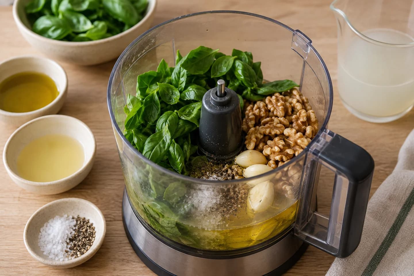 Zucchini Pea Pesto Pasta: Blend basil, walnuts, remaining oil, lemon juice, garlic, salt and pepper with 50 ml pasta water to make pesto