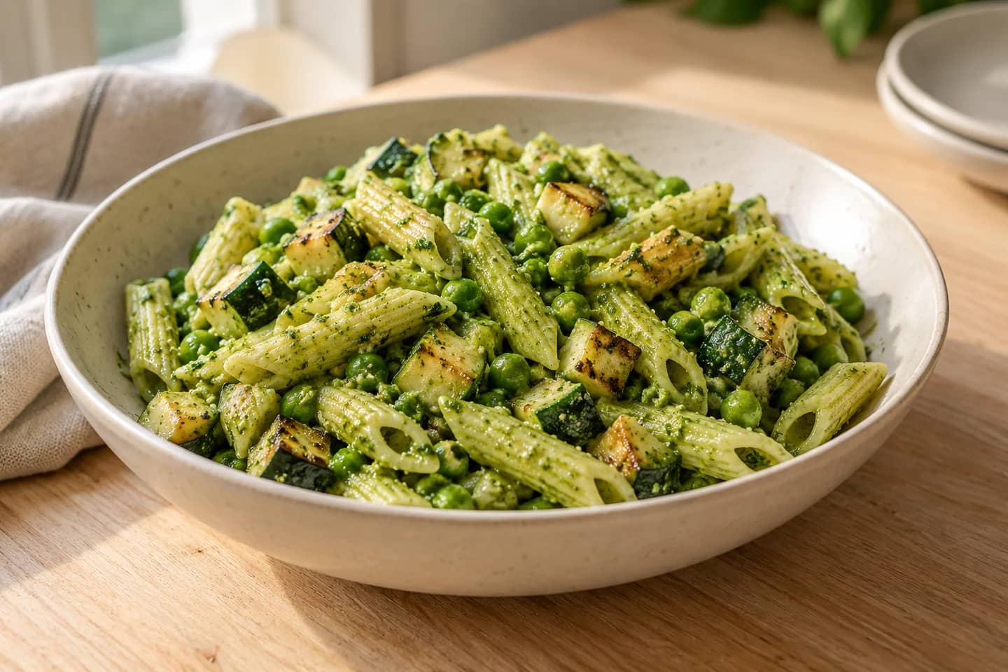 Zucchini Pea Pesto Pasta